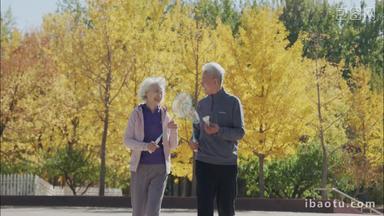幸福的老年夫妇在公园里打羽毛球
